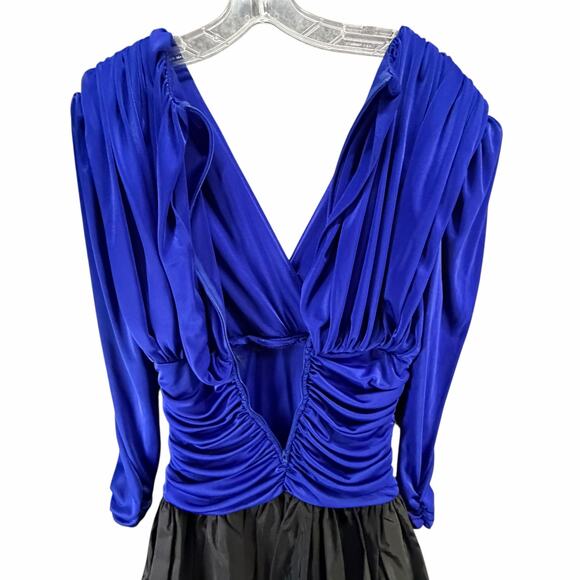 Vintage 80s Filigree Cocktail Dress Womens 10 Blue Black Ruched Drape Retro Glam - Picture 7 of 14